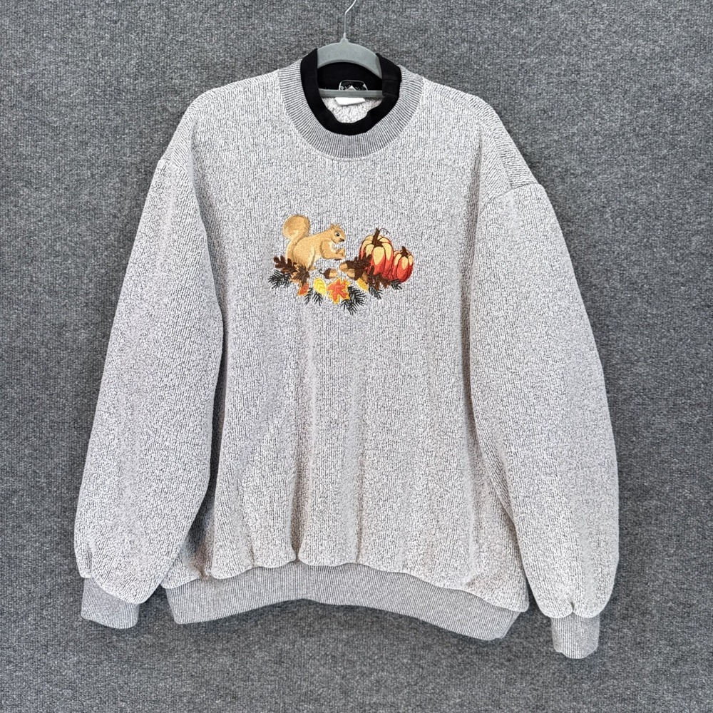 Bonworth Sweatshirt Womens XL Gray Embroidered Squirrel Pumpkin Fall Vintage